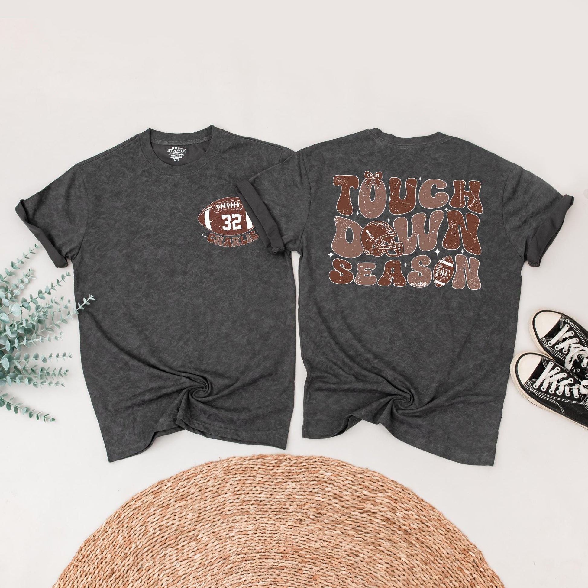 Touch Down Season Personalized Football Shirt, Retro Style, Custom Name & Number, Family Game Day Outfit, Distressed Vintage Football Tee, Warm Brown Tone