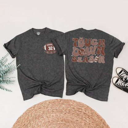 Touch Down Season Personalized Football Shirt, Retro Style, Custom Name & Number, Family Game Day Outfit, Distressed Vintage Football Tee, Warm Brown Tone