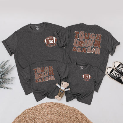 Touch Down Season Personalized Football Shirt, Retro Style, Custom Name & Number, Family Game Day Outfit, Distressed Vintage Football Tee, Warm Brown Tone