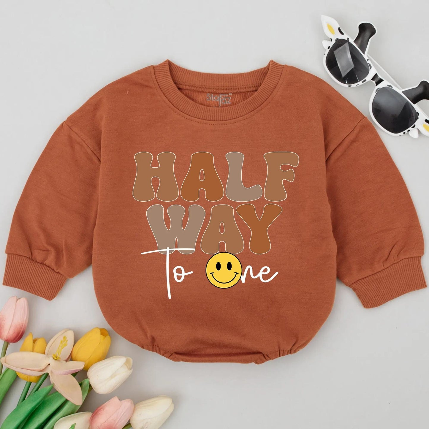 Half Way To One Smiley Face Baby Romper, 6th Month Birthday Celebration Outfit, Chunky Retro Font Design Boy Bodysuit Soft Cotton Baby Shower Gift