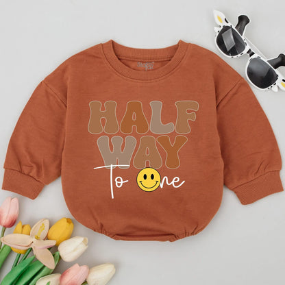 Half Way To One Smiley Face Baby Romper, 6th Month Birthday Celebration Outfit, Chunky Retro Font Design Boy Bodysuit Soft Cotton Baby Shower Gift