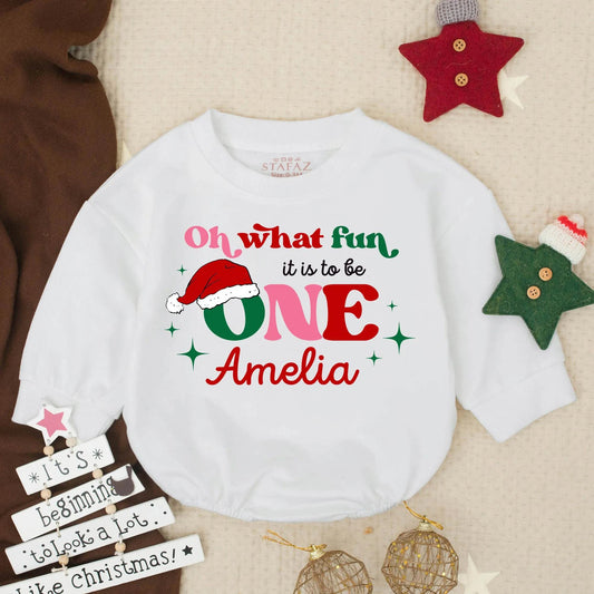 Baby's "Oh What Fun It Is To Be ONE" Bubble Romper Personalized Santa Hat Christmas Birthday Outfit