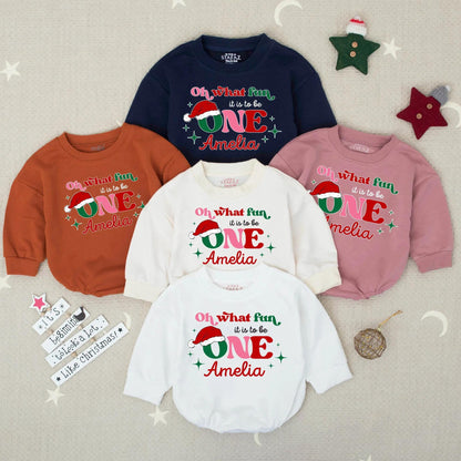 Baby's "Oh What Fun It Is To Be ONE" Bubble Romper Personalized Santa Hat Christmas Birthday Outfit