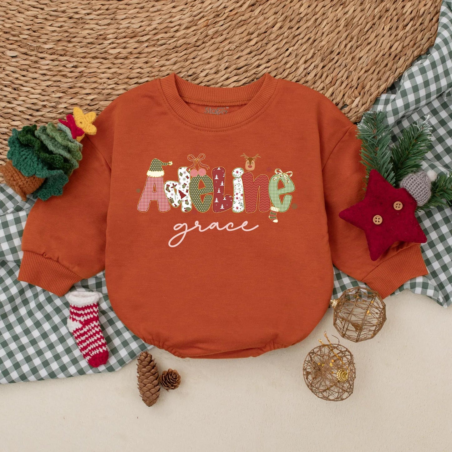 Personalized Christmas Name Bubble Romper Baby Girl Outfit Adeline Grace Festive Red Green White Design Snowflakes Reindeer Toddler Sweatshirt Winter Gift