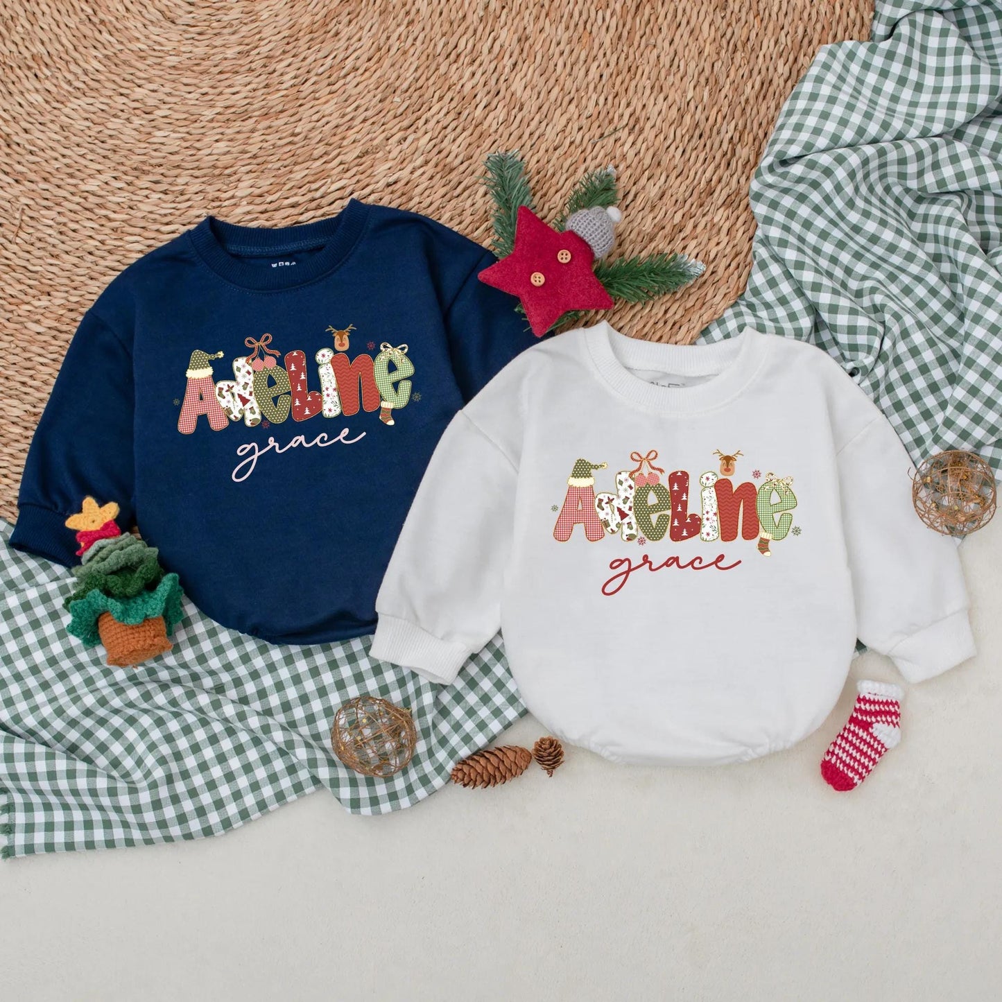 Personalized Christmas Name Bubble Romper Baby Girl Outfit Adeline Grace Festive Red Green White Design Snowflakes Reindeer Toddler Sweatshirt Winter Gift