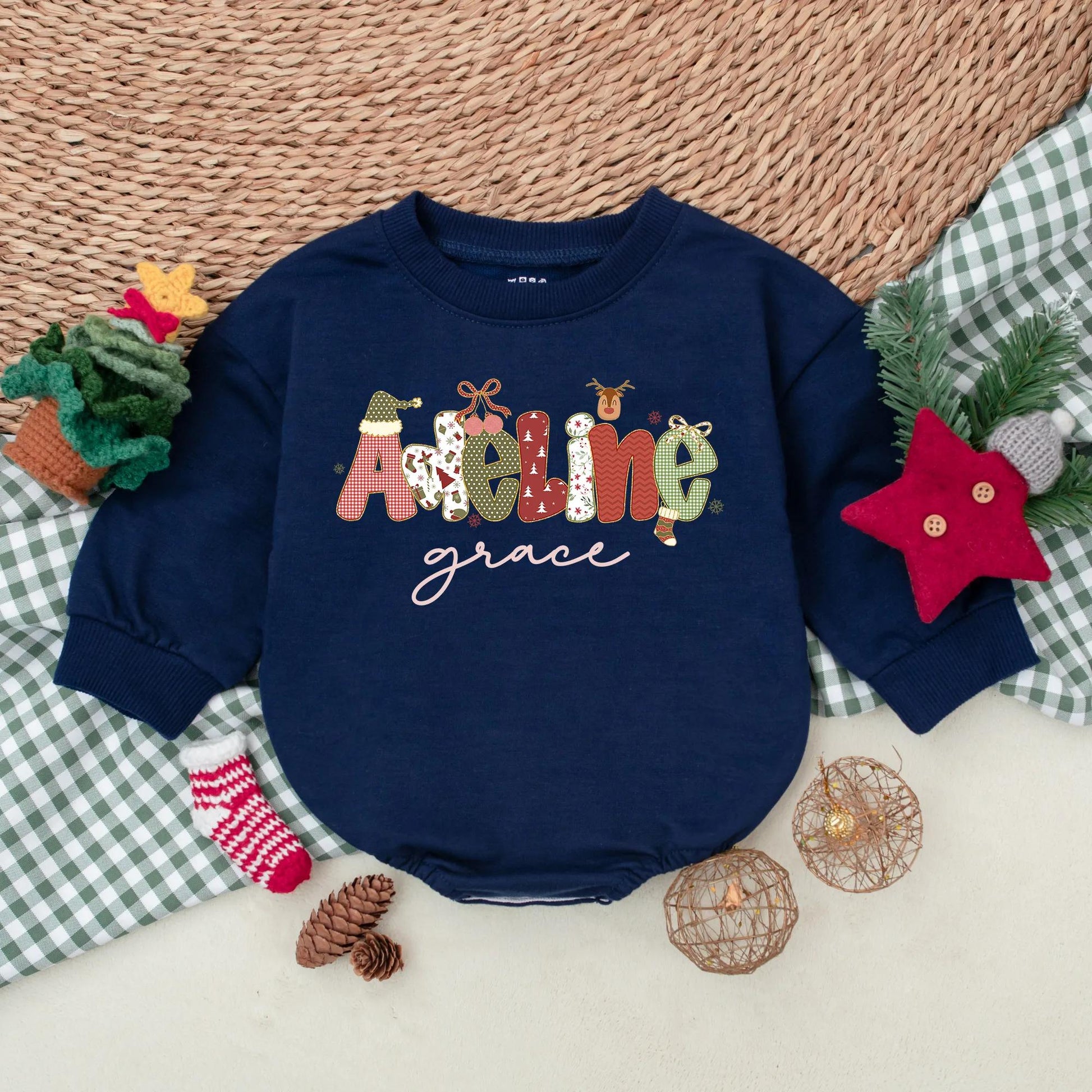 Personalized Christmas Name Bubble Romper Baby Girl Outfit Adeline Grace Festive Red Green White Design Snowflakes Reindeer Toddler Sweatshirt Winter Gift