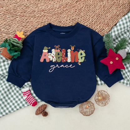 Personalized Christmas Name Bubble Romper Baby Girl Outfit Adeline Grace Festive Red Green White Design Snowflakes Reindeer Toddler Sweatshirt Winter Gift