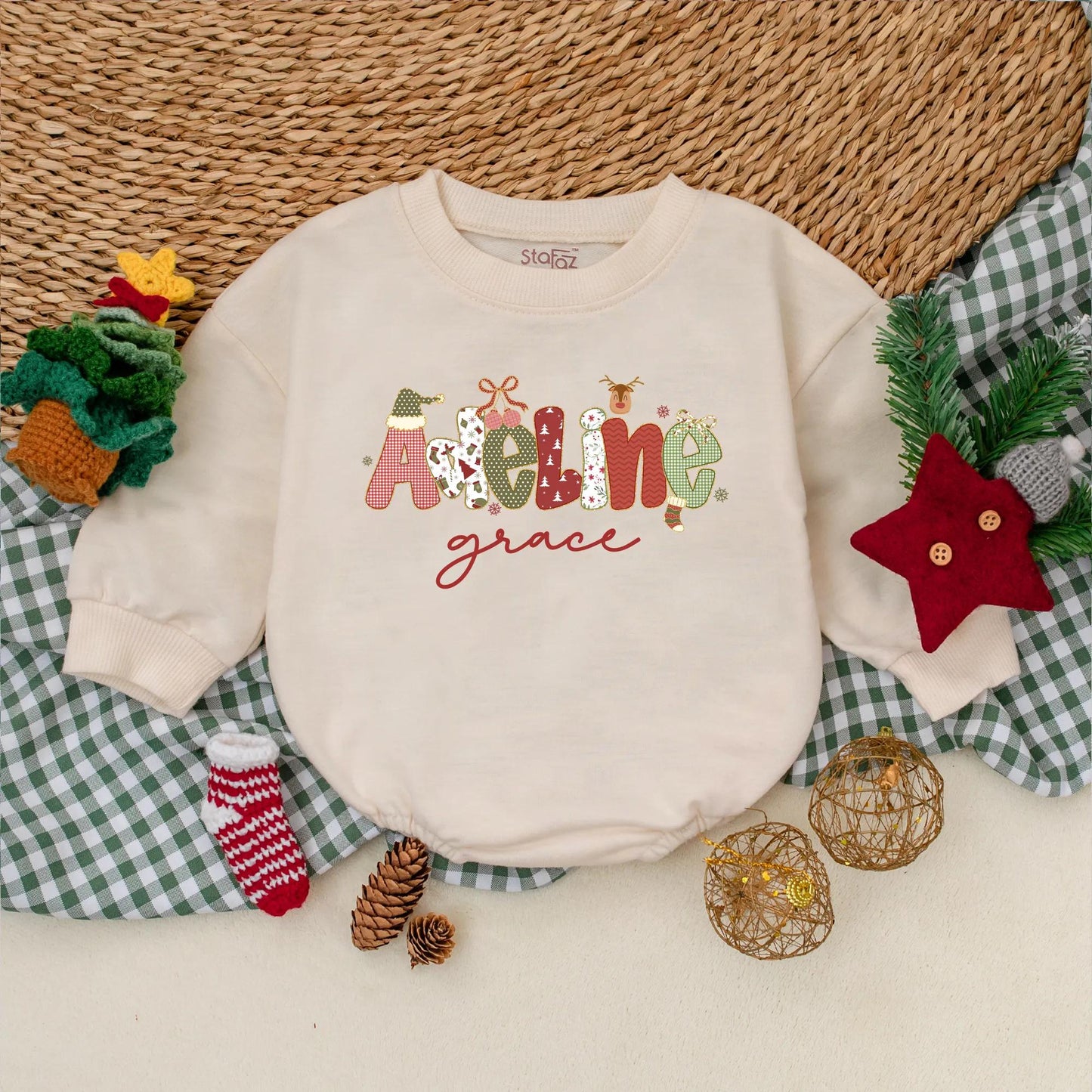 Personalized Christmas Name Bubble Romper Baby Girl Outfit Adeline Grace Festive Red Green White Design Snowflakes Reindeer Toddler Sweatshirt Winter Gift