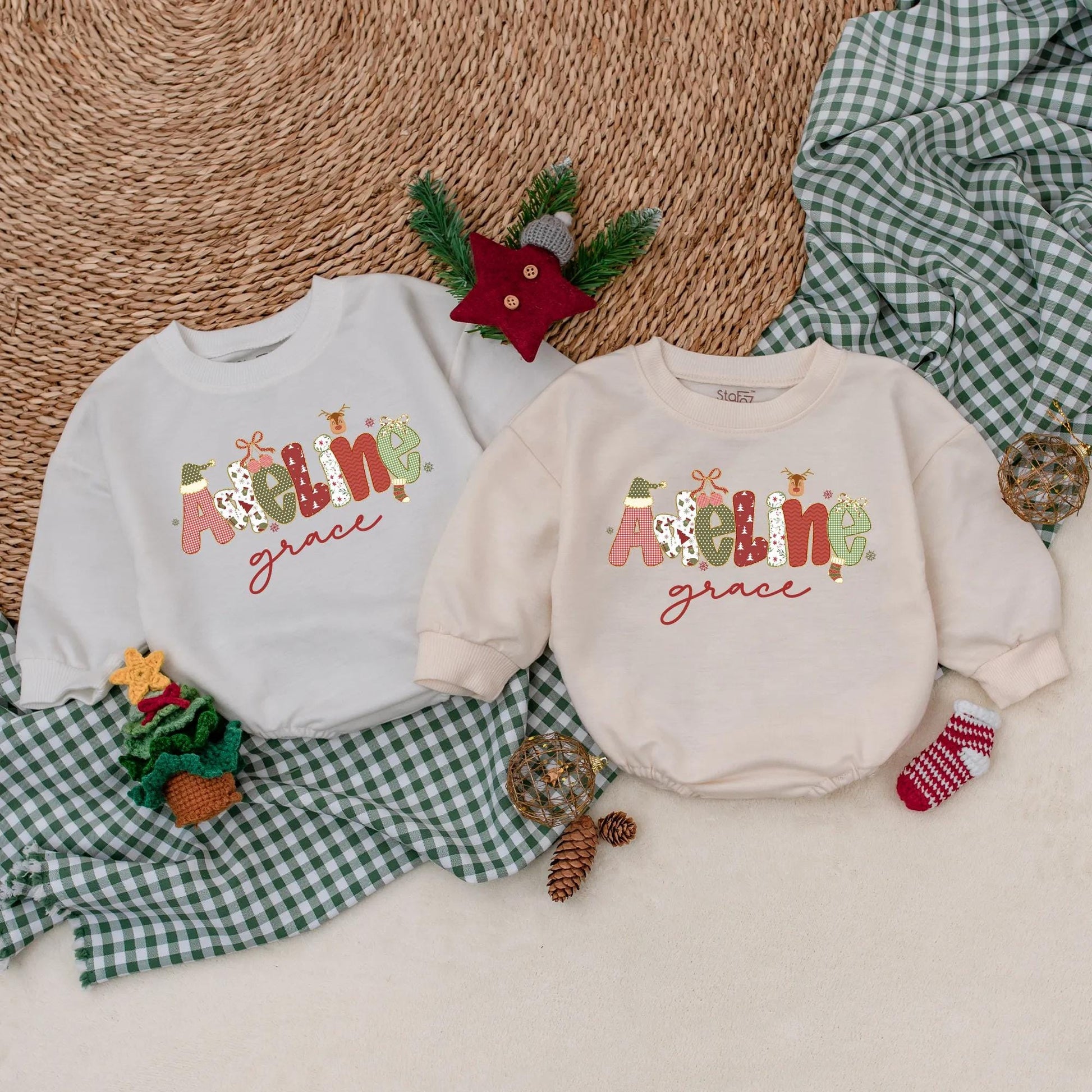 Personalized Christmas Name Bubble Romper Baby Girl Outfit Adeline Grace Festive Red Green White Design Snowflakes Reindeer Toddler Sweatshirt Winter Gift