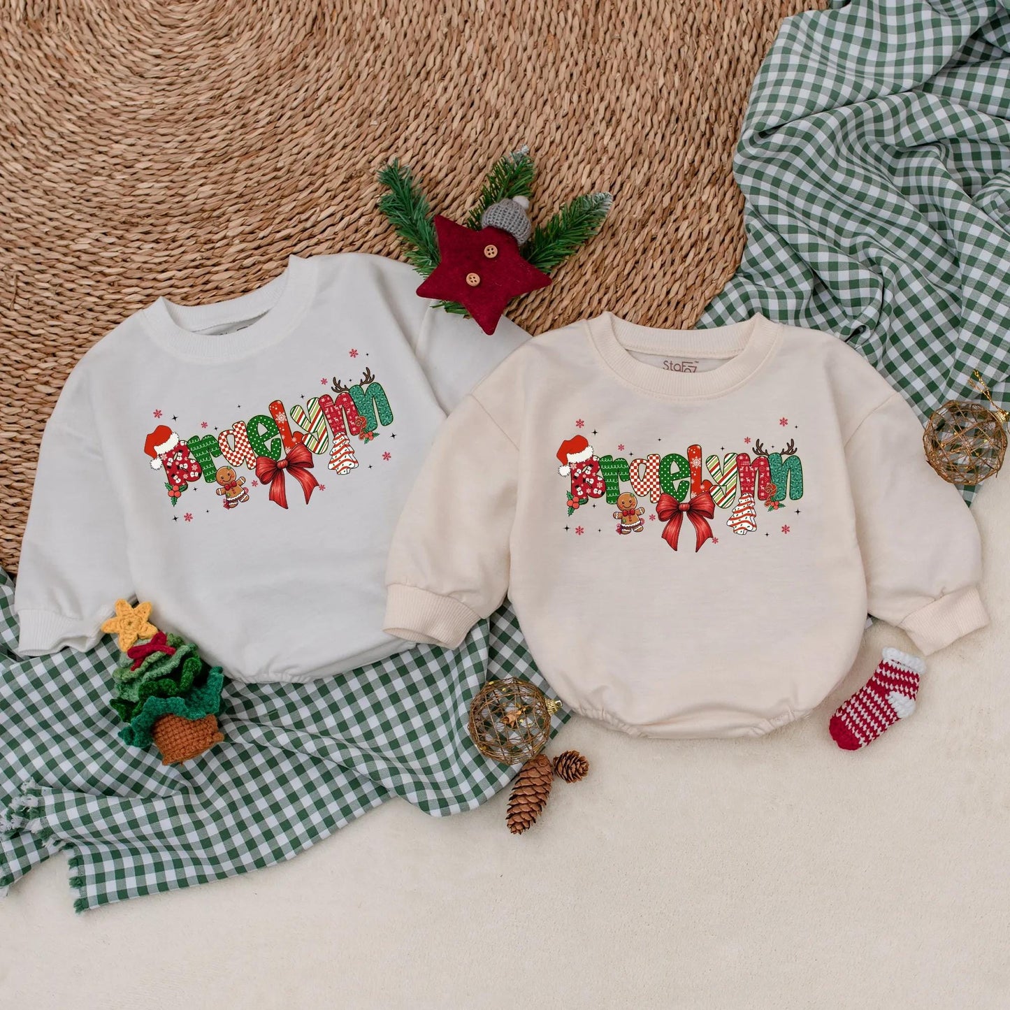 Personalized Christmas Bow Romper Baby's First Christmas Outfit Custom Name Red Ribbon Stars & Festive Letters Holiday Gift
