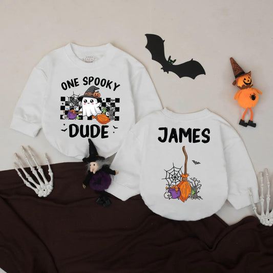Custom James's One Spooky Dude Romper: First Halloween Baby Bodysuit with Ghost, Pumpkin & Cauldron Design, Spooky Season Outfit, Cute Halloween Costume