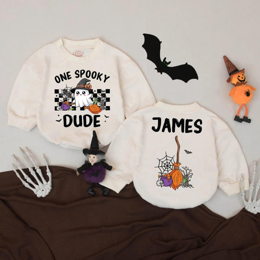 Custom James's One Spooky Dude Romper: First Halloween Baby Bodysuit with Ghost, Pumpkin & Cauldron Design, Spooky Season Outfit, Cute Halloween Costume