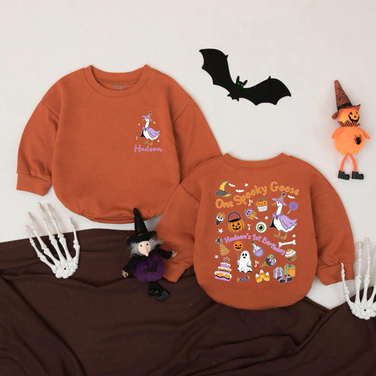 Spooky Goose 1st Birthday Romper: Custom Hudson Halloween Outfit, Funny Fall Baby Clothes, Witch Goose Bodysuit, Orange, Purple & Black Design (138 chars)