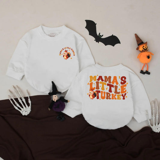 Mama's Little Turkey Baby Romper Retro Fall Bodysuit Cute Autumn Turkey Graphic First Thanksgiving Outfit Vintage Playful Baby Gift
