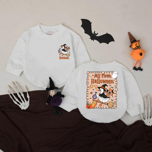 Hudson's First Halloween Cute Cartoon Duck Witch Baby Romper Personalized Name Baby Shower Gift Infant