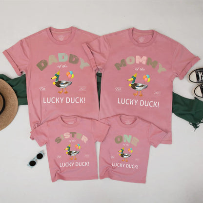 Lucky Duck Family Matching 1st Birthday Shirts: "One of the" Cute Cartoon Duck, Pink & Green Balloons, Fun Family Outfit, First Birthday, Est. 2025