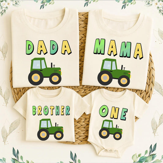 Family Truck Birthday Matching Shirts Dada Mama Brother One Outfit Green Tractor Cake Smash First Birthday Clothes