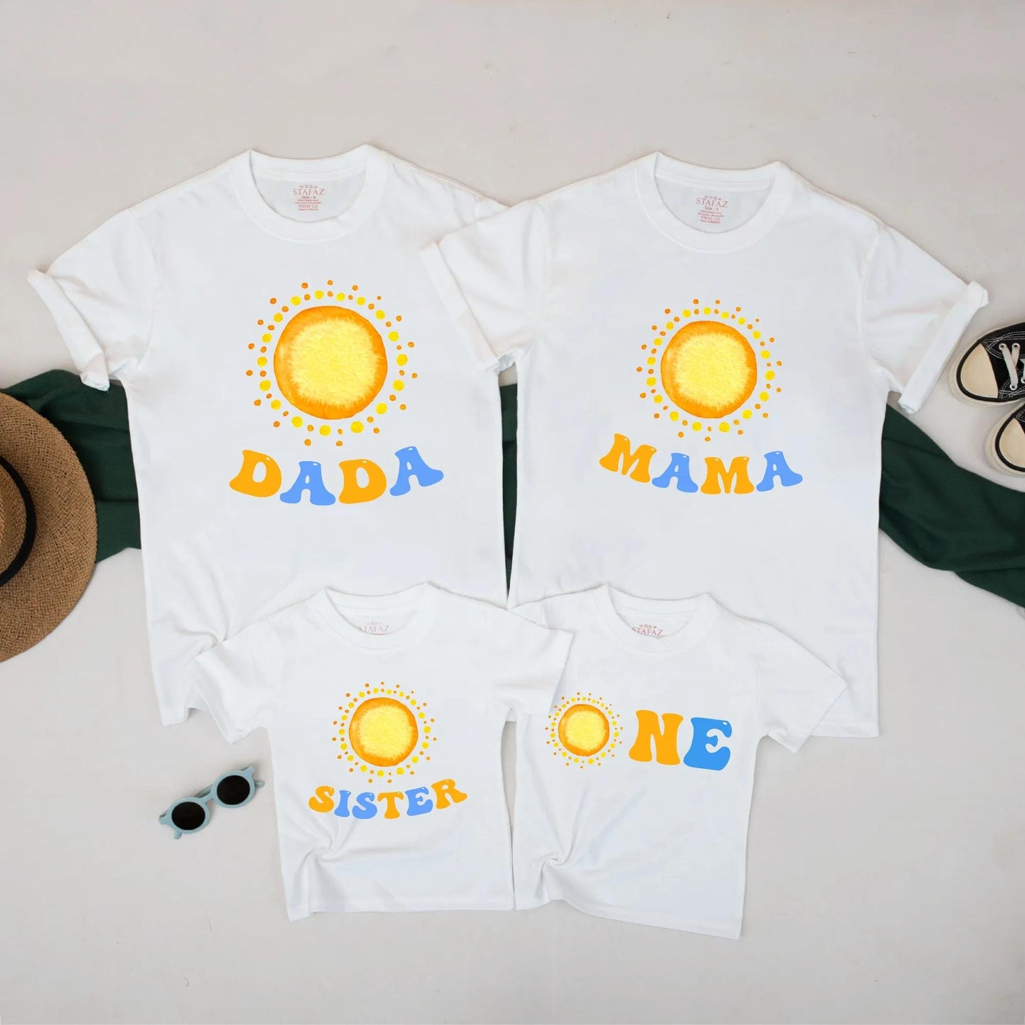 Retro Sunny ONE Birthday Matching Family Shirts, Fun 1st Birthday Romper Outfit, Playful Dada Mama Sister Tees, Yellow Orange Graphic Clothes Set