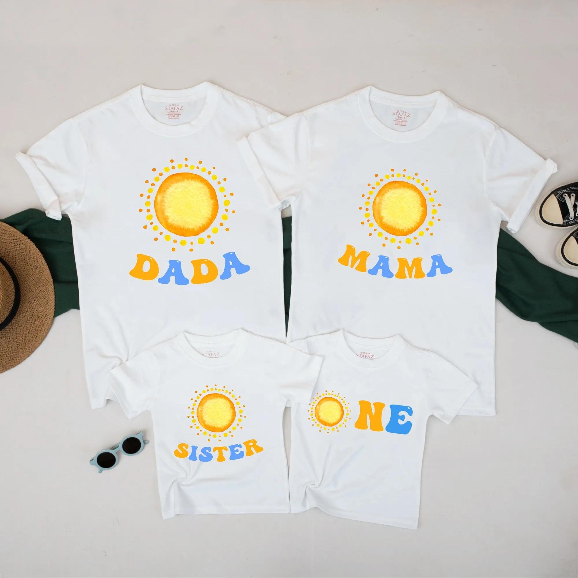 Retro Sunny ONE Birthday Matching Family Shirts, Fun 1st Birthday Romper Outfit, Playful Dada Mama Sister Tees, Yellow Orange Graphic Clothes Set