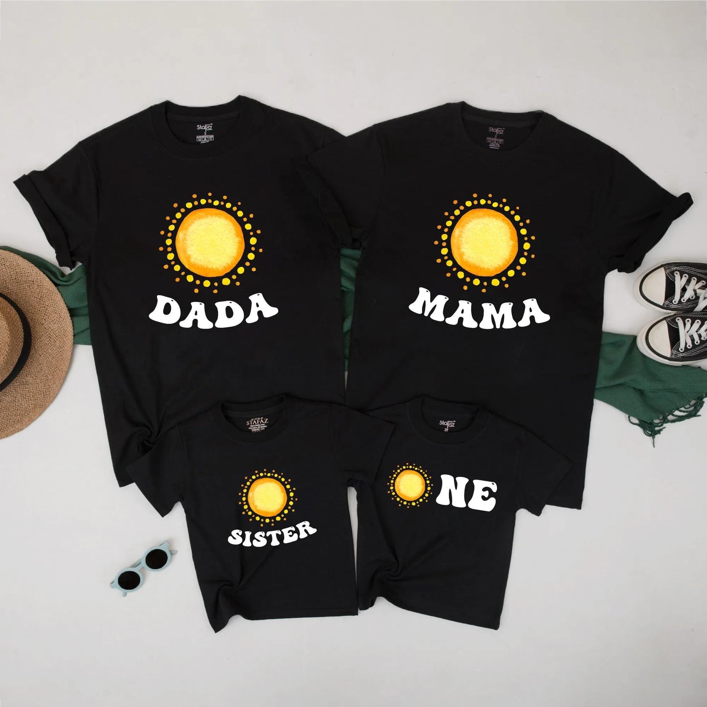 Retro Sunny ONE Birthday Matching Family Shirts, Fun 1st Birthday Romper Outfit, Playful Dada Mama Sister Tees, Yellow Orange Graphic Clothes Set