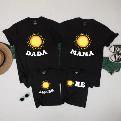 Retro Sunny ONE Birthday Matching Family Shirts, Fun 1st Birthday Romper Outfit, Playful Dada Mama Sister Tees, Yellow Orange Graphic Clothes Set