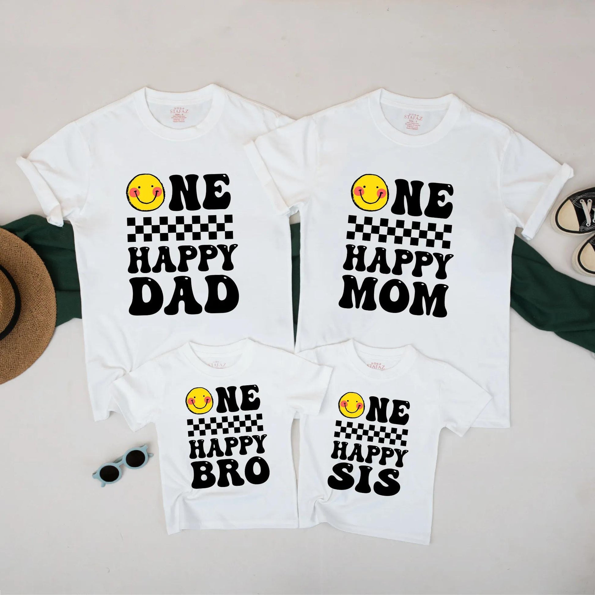 One Happy Birthday Matching Family Shirts Retro Groovy Smiley Face Romper First Birthday Outfit Boy Girl Birthday Dude Vibes