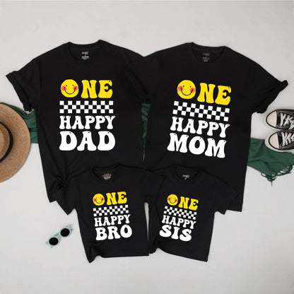 One Happy Birthday Matching Family Shirts Retro Groovy Smiley Face Romper First Birthday Outfit Boy Girl Birthday Dude Vibes