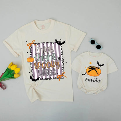 Matching Family Thick Thighs Spooky Vibes Halloween Shirts Custom Baby Girl Romper with Whimsical Pumpkin Bat Spider Cartoon Outfits