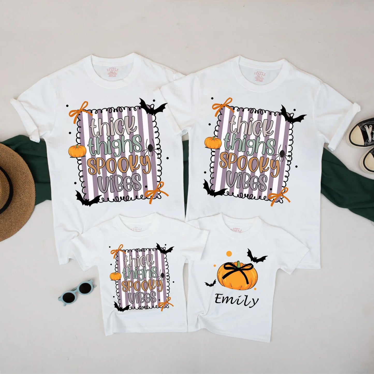 Matching Family Thick Thighs Spooky Vibes Halloween Shirts Custom Baby Girl Romper with Whimsical Pumpkin Bat Spider Cartoon Outfits