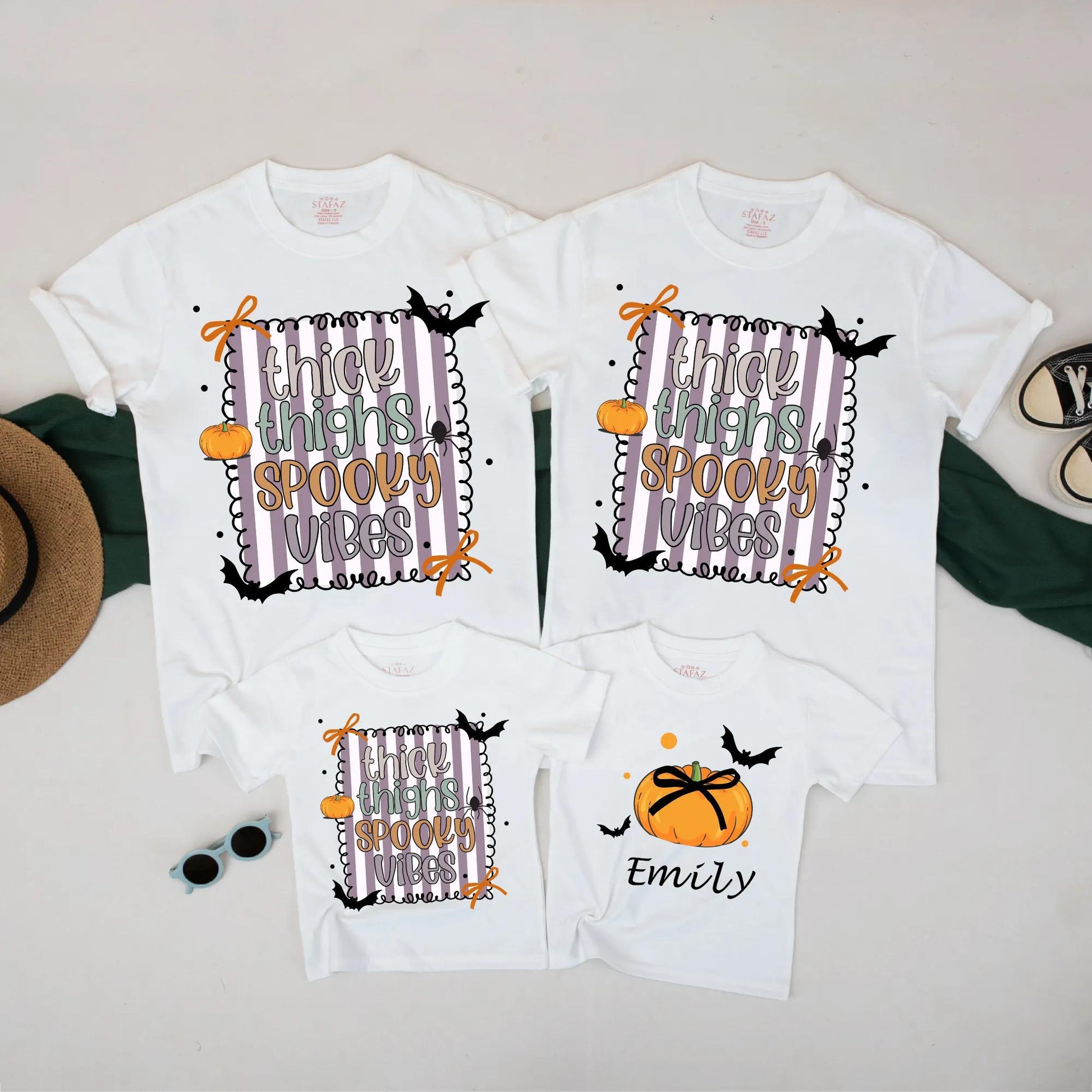 Matching Family Thick Thighs Spooky Vibes Halloween Shirts Custom Baby Girl Romper with Whimsical Pumpkin Bat Spider Cartoon Outfits
