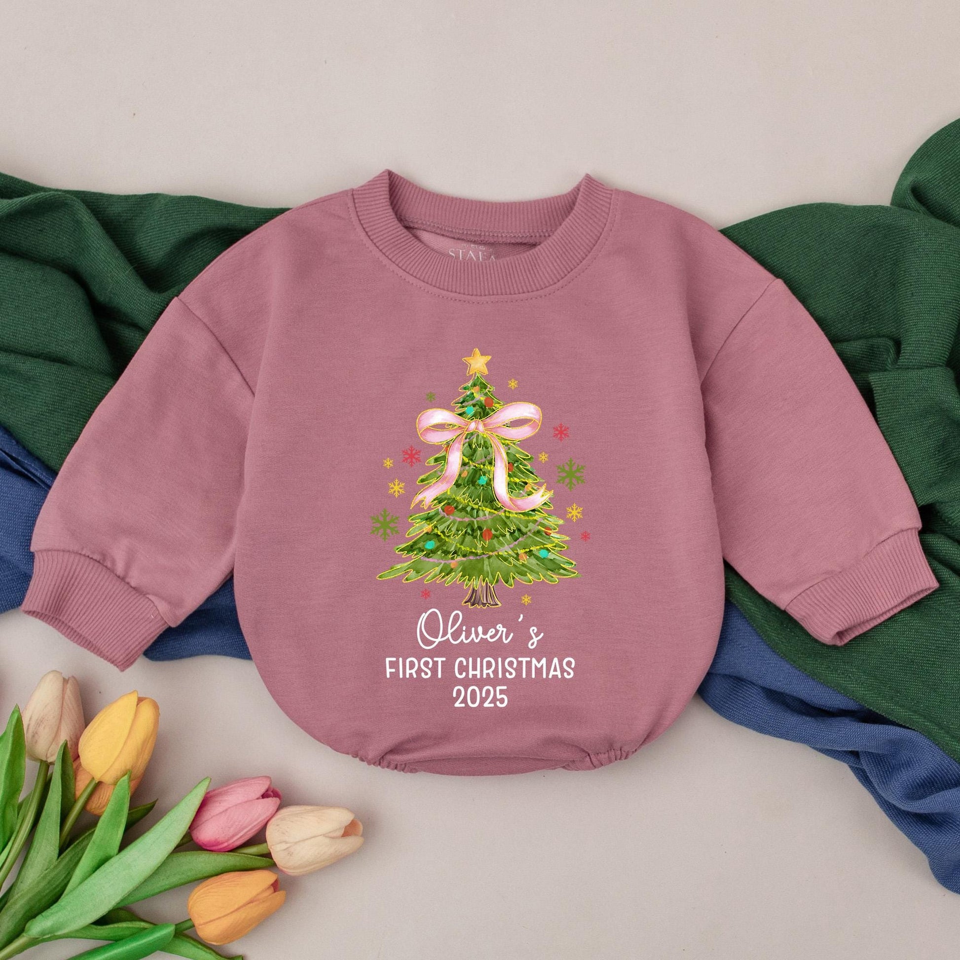 Personalized First Christmas Baby Girl Romper, Oliver's 2025 Tree Bodysuit, Custom Xmas Outfit, Pink Bow, Festive Winter Clothes Shower Gift 138