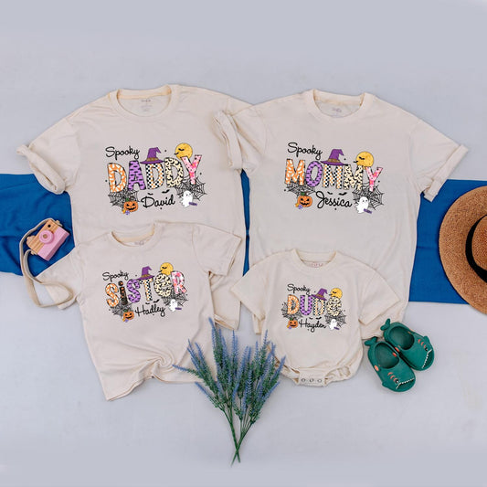 Personalized Spooky Matching Halloween Family Shirts with Names Retro Pumpkins Ghosts Spiderwebs Witch Hat Fall Fun Outfits