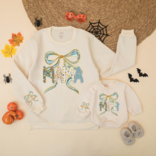 Sparkling Blue Bow Mama Mini Fall Sweatshirts Pumpkin Floral Names on Sleeve Autumn Family Thanksgiving Outfits Baby Girl Gift