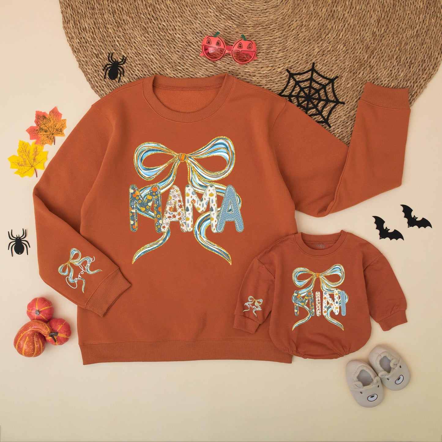 Sparkling Blue Bow Mama Mini Fall Sweatshirts Pumpkin Floral Names on Sleeve Autumn Family Thanksgiving Outfits Baby Girl Gift