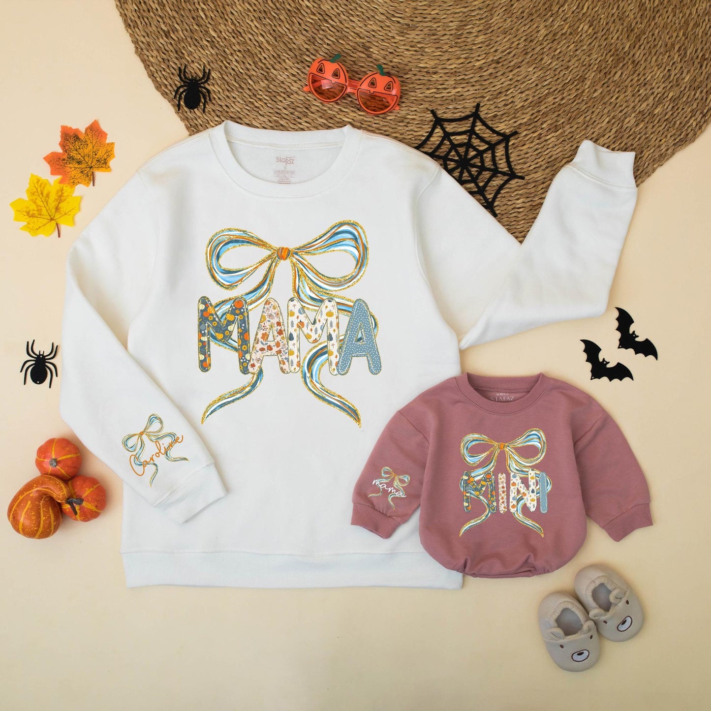 Sparkling Blue Bow Mama Mini Fall Sweatshirts Pumpkin Floral Names on Sleeve Autumn Family Thanksgiving Outfits Baby Girl Gift