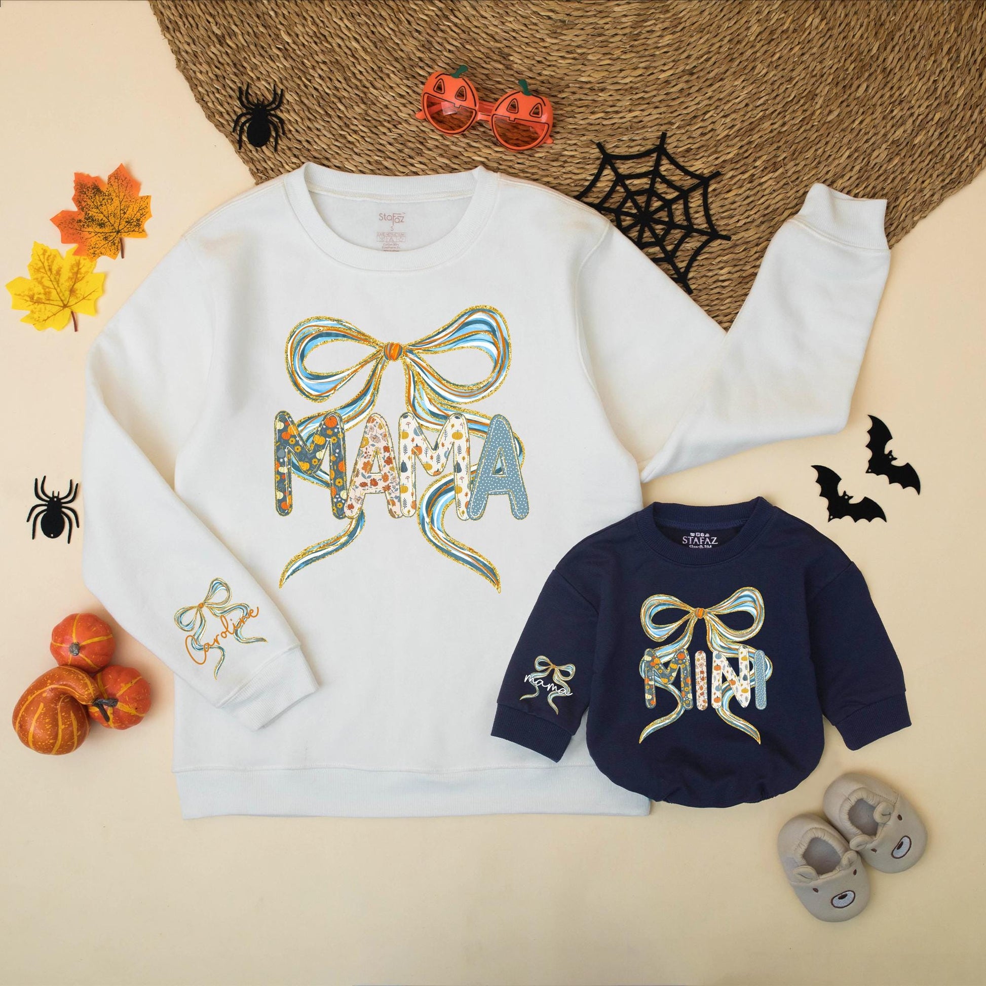 Sparkling Blue Bow Mama Mini Fall Sweatshirts Pumpkin Floral Names on Sleeve Autumn Family Thanksgiving Outfits Baby Girl Gift