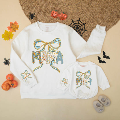 Sparkling Blue Bow Mama Mini Fall Sweatshirts Pumpkin Floral Names on Sleeve Autumn Family Thanksgiving Outfits Baby Girl Gift