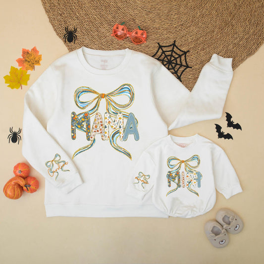 Sparkling Blue Bow Mama Mini Fall Sweatshirts Pumpkin Floral Names on Sleeve Autumn Family Thanksgiving Outfits Baby Girl Gift