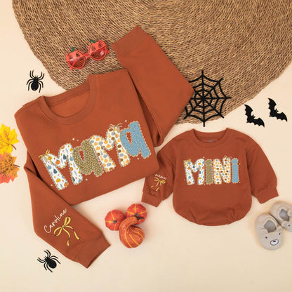 Custom Blue Pumpkin Mama and Mini Matching Fall Sweatshirts with Personalized Script Name and Bow Accents, Thanksgiving Mom and Me Outfits for Toddlers and Babies