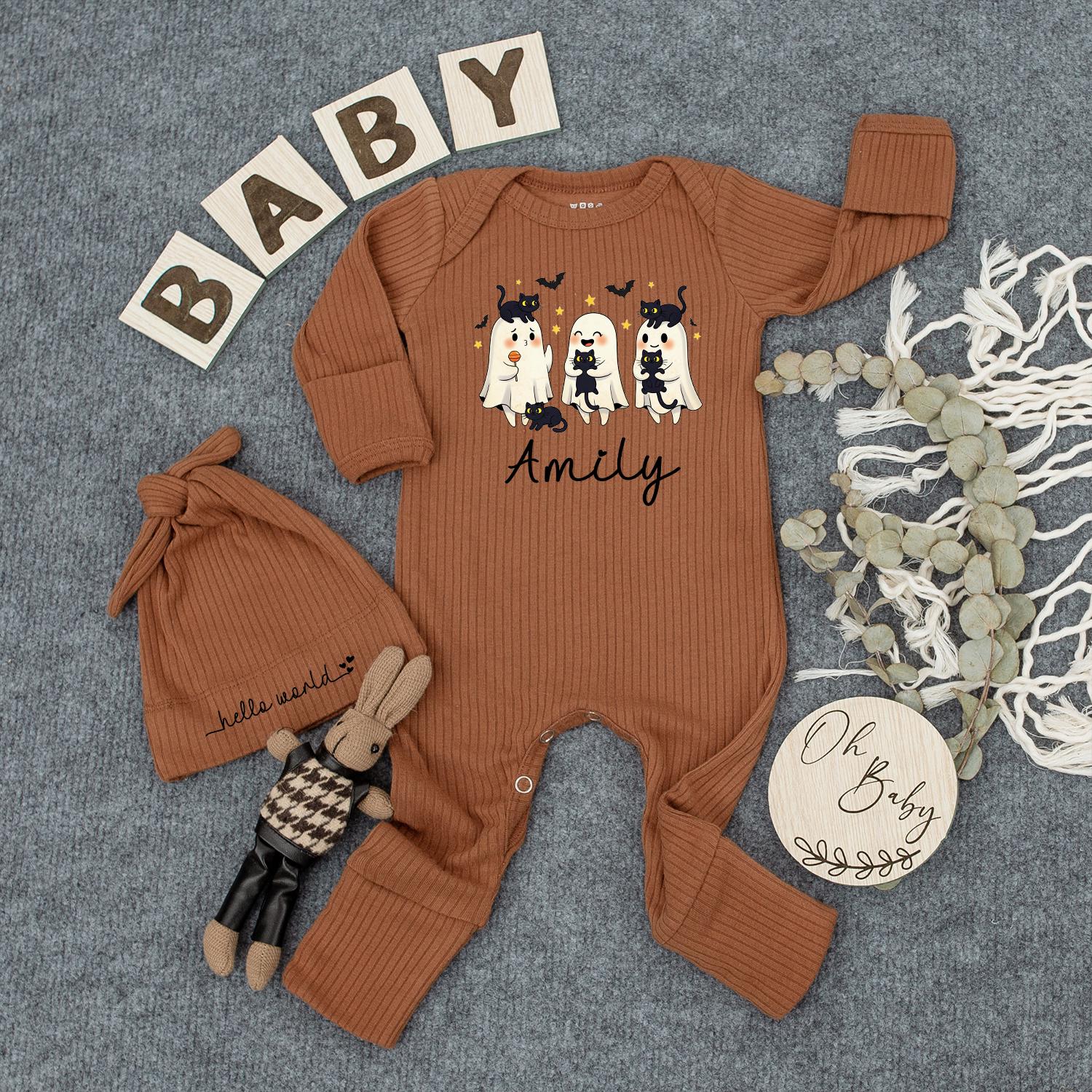 Personalized Halloween Baby Romper Outfit with Cute Ghosts Black Cats Bats Stars Amily Name Newborn Infant Girl Boy Fall Gift