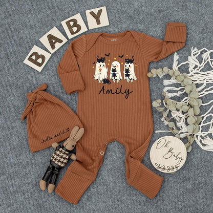Personalized Halloween Baby Romper Outfit with Cute Ghosts Black Cats Bats Stars Amily Name Newborn Infant Girl Boy Fall Gift