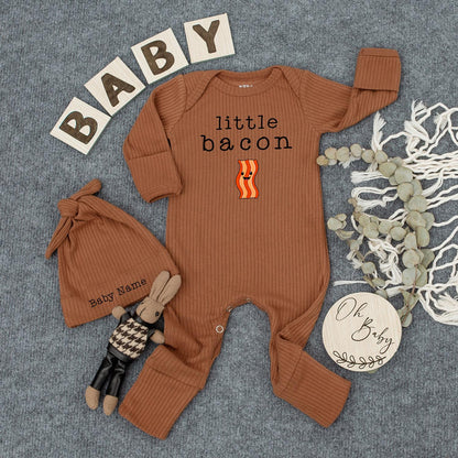 Cute Little Bacon Baby Bodysuit with Smiling Piggy Bacon and Hat Adorable Foodie Infant Outfit Perfect Baby Shower Gift Idea Newborn Coming Home Ensemble