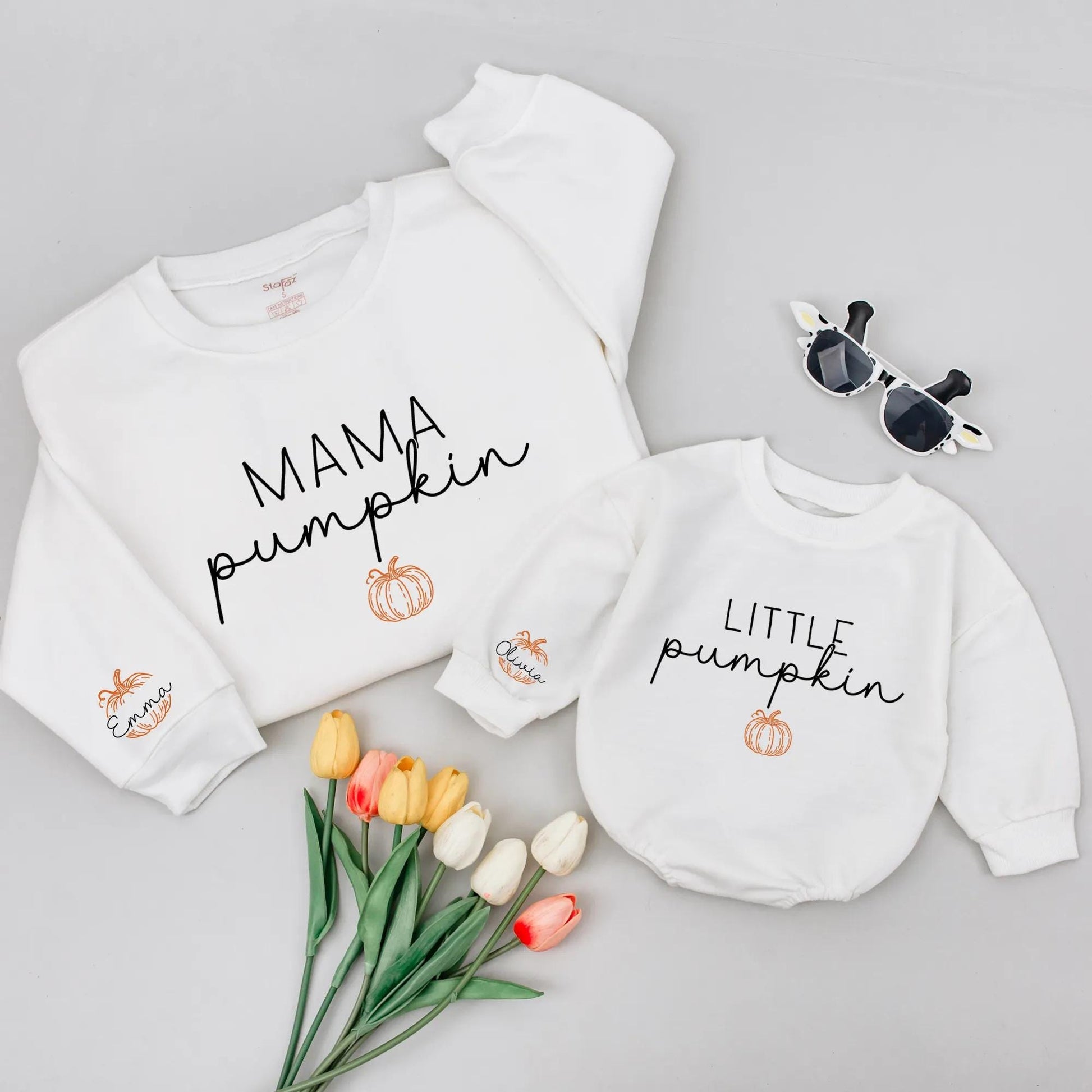 Personalized Little Pumpkin Matching Romper & Sweatshirt, Cute Fall Outfit for Baby & Mama, Thanksgiving Gift Set with Custom Name, Autumn Clothes