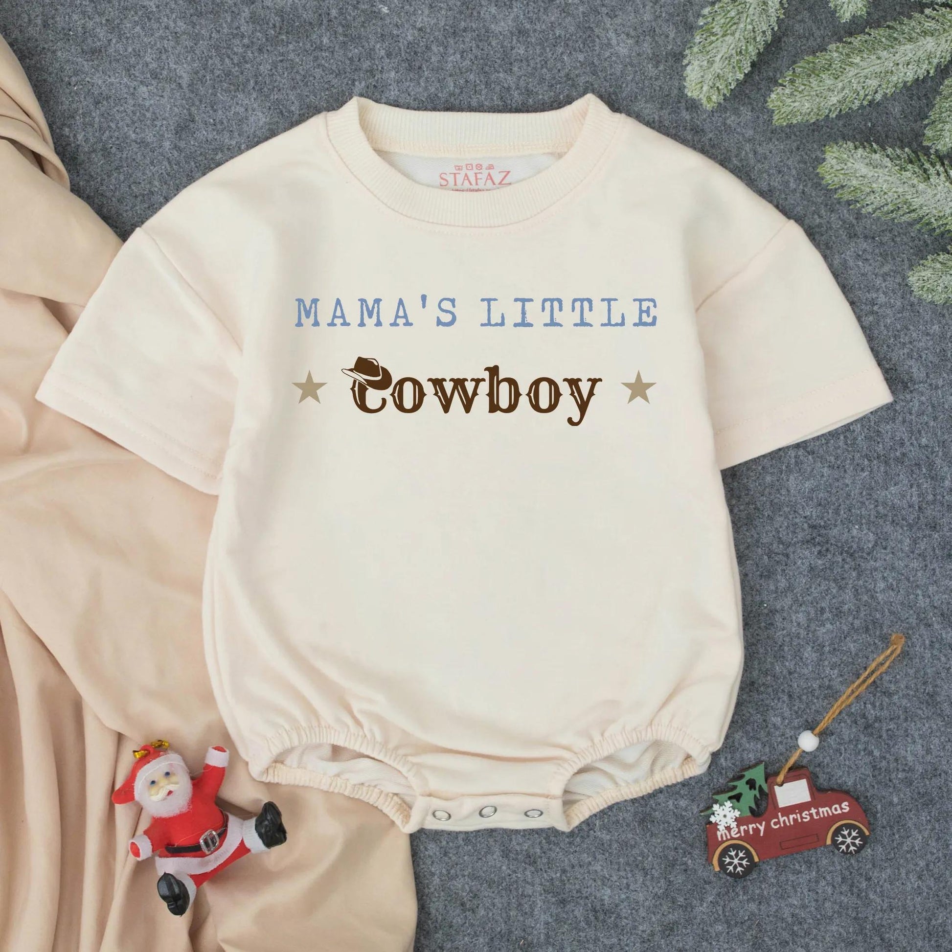 Mama's Little Cowboy Western Bubble Romper with Blue Text Brown Hat Stars Design Mommy's Little Boy Outfit New Mom Mother's Day Bestie Gift