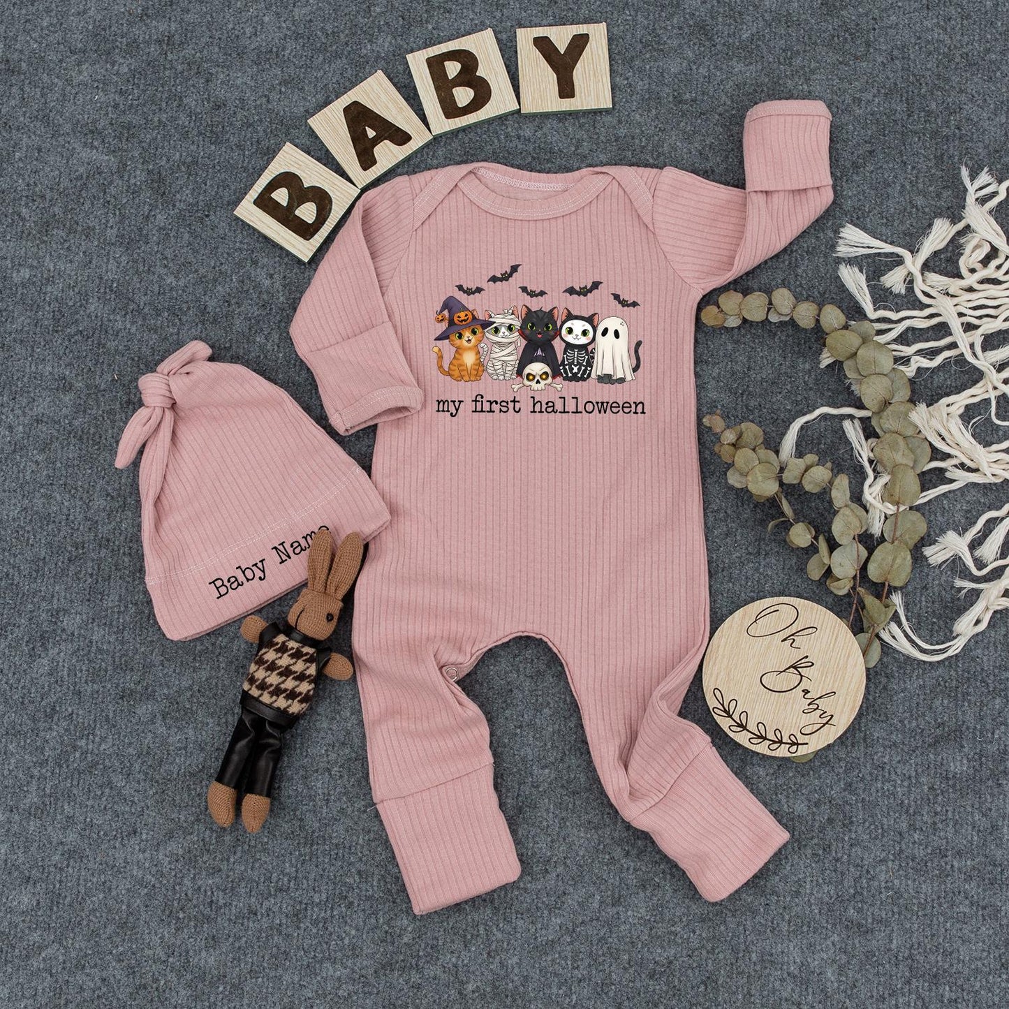 My First Halloween Baby Outfit with Cute Ghost & Mummy Cats, Personalized Newborn Romper, Spooky Infant Bodysuit & Hat, Fall Coming Home Gift (138 chars)