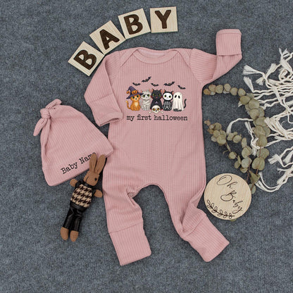 My First Halloween Baby Outfit with Cute Ghost & Mummy Cats, Personalized Newborn Romper, Spooky Infant Bodysuit & Hat, Fall Coming Home Gift (138 chars)