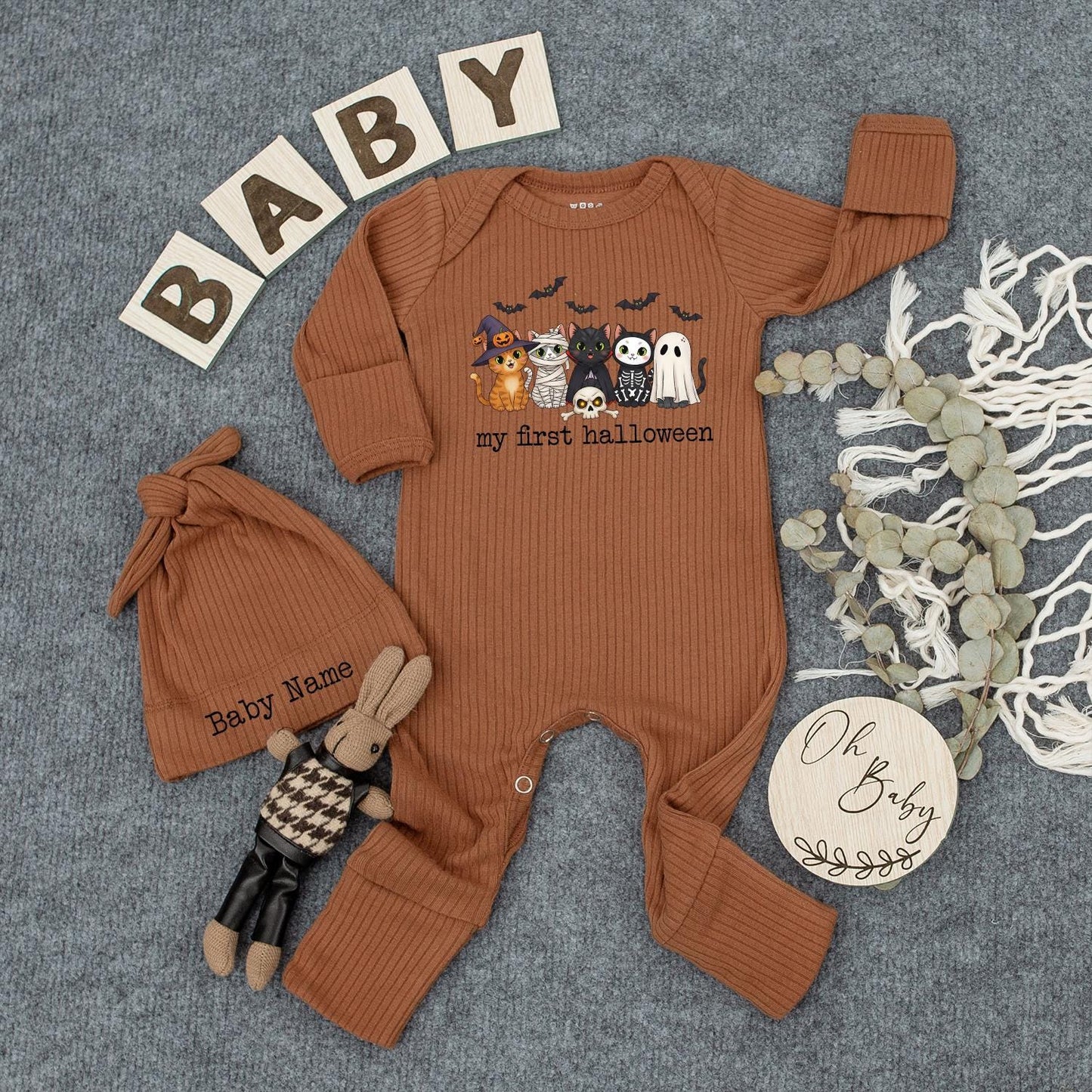 My First Halloween Baby Outfit with Cute Ghost & Mummy Cats, Personalized Newborn Romper, Spooky Infant Bodysuit & Hat, Fall Coming Home Gift (138 chars)