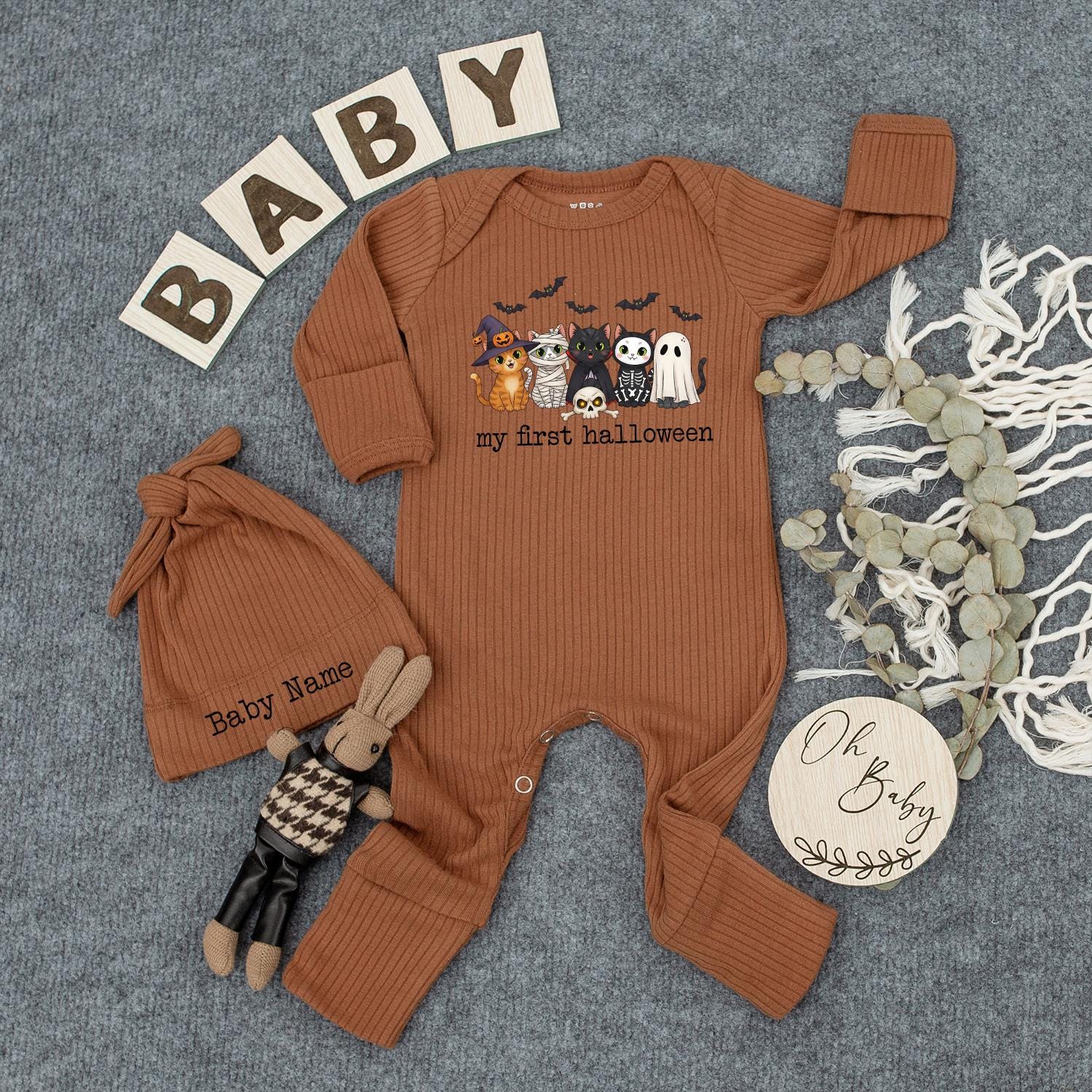 My First Halloween Baby Outfit with Cute Ghost & Mummy Cats, Personalized Newborn Romper, Spooky Infant Bodysuit & Hat, Fall Coming Home Gift (138 chars)