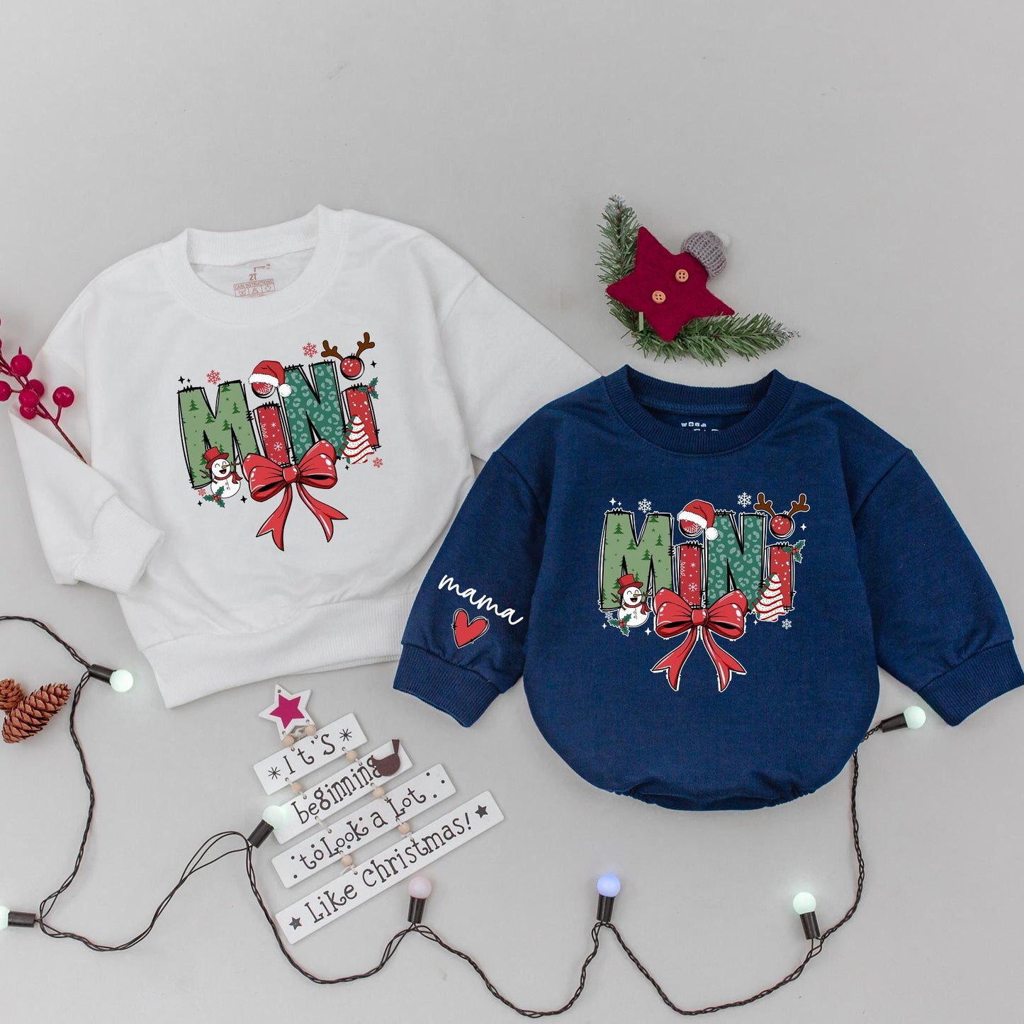 Mama and Mini Claus Matching Christmas Sweatshirt Red Green White Snowflake Tree Antler Ribbon Family Holiday Outfit Mommy and Baby Festive Cozy Gift