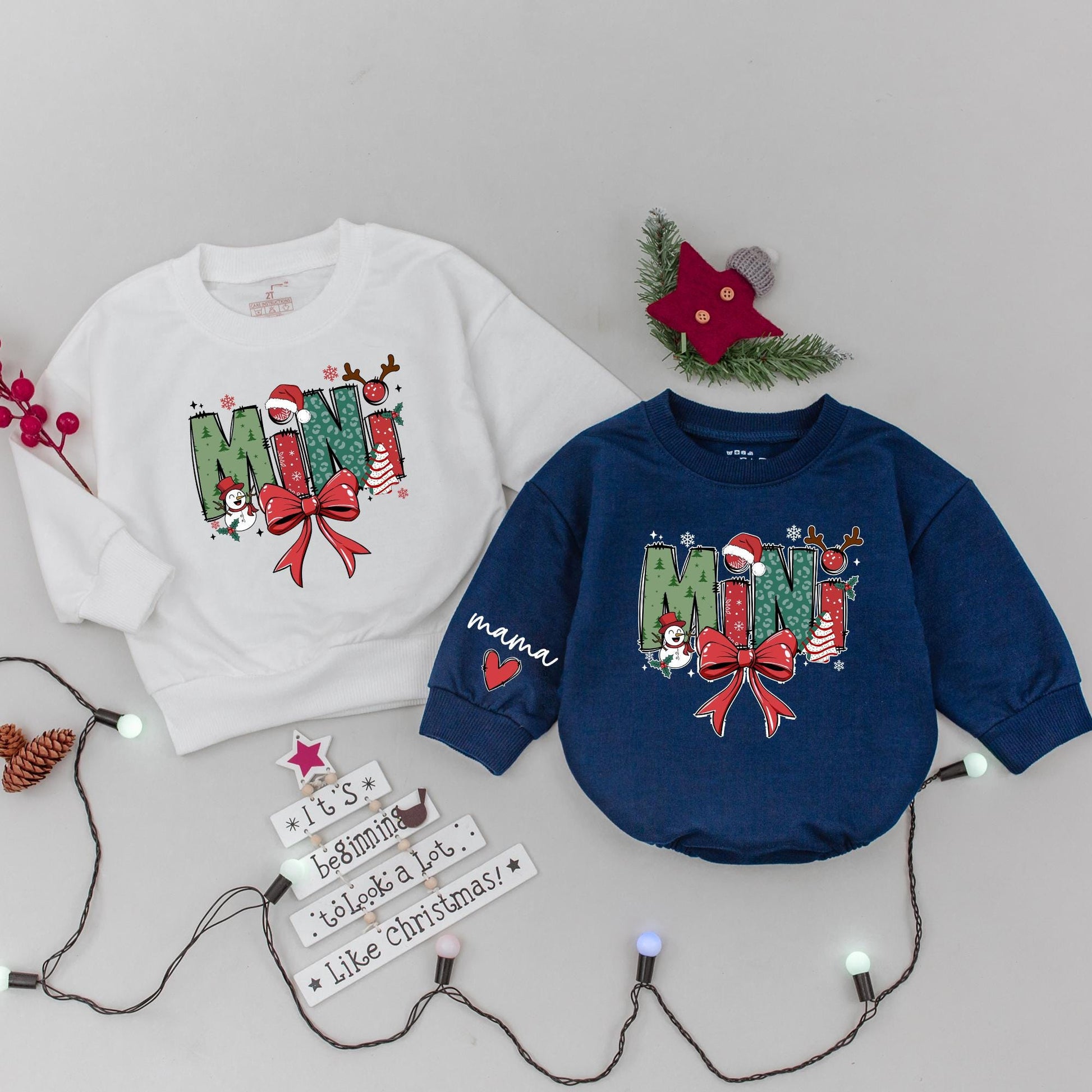 Mama and Mini Claus Matching Christmas Sweatshirt Red Green White Snowflake Tree Antler Ribbon Family Holiday Outfit Mommy and Baby Festive Cozy Gift
